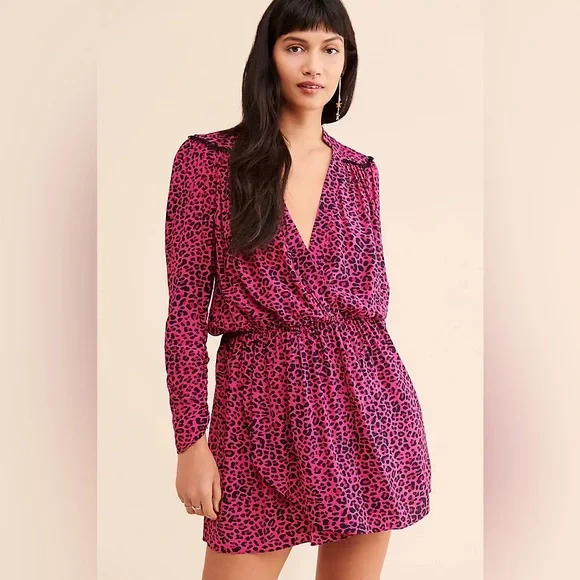 Zadig Voltaire Dress Womens XS Pink Mini Long Sleeve Cinch Leopard Print NEW - Picture 1 of 13
